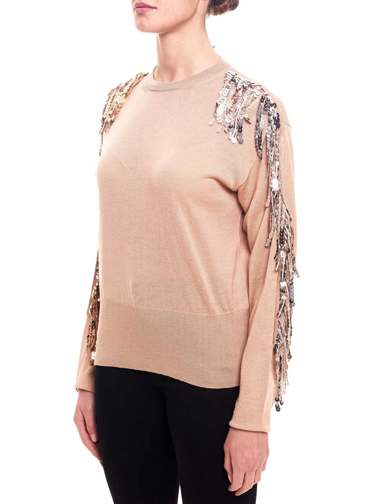 MAGLIA BEIGE IN LANA CON APPLICAZIONE FRANGE IN PAILLETTES